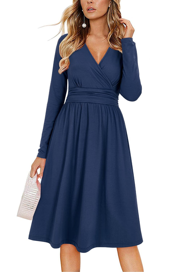 OUGES Sommerkleid Damen Kurzarm V-Ausschnitt Knielang Blumenmuster Midi Kleid mit Taschen S Marine-0