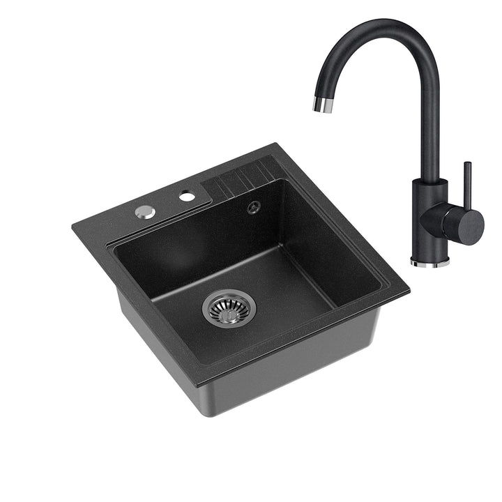 VBChome Spüle mit Armatur 52 x 50 cm Schwarz Tiefes Becken Küche Einbauspüle Verbundspüle Küchenspül