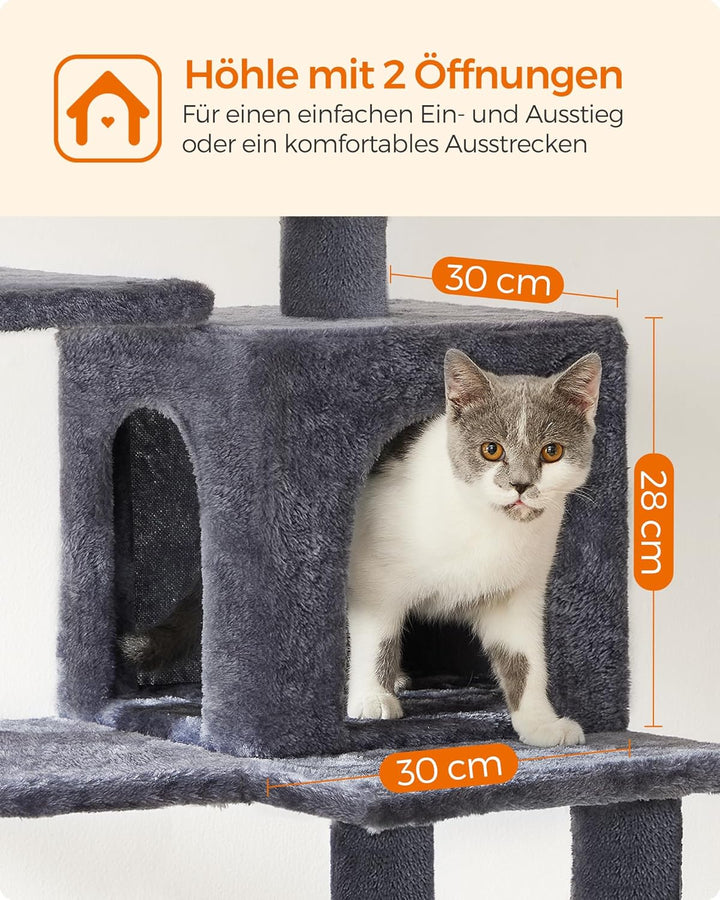 Feandrea Kratzbaum, 143 cm hoch, Katzenbaum, mehrstöckige Katzenhaus, mit 4 Kratzsäulen, 2 Plattform