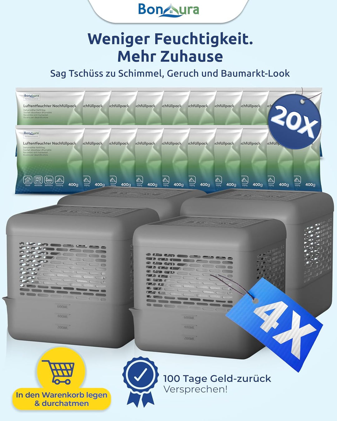 BonAura® 4x Luftentfeuchter ohne Strom + 20 x 400g Luftenfeuchter Nachfüllpack - Raumentfeuchter bis
