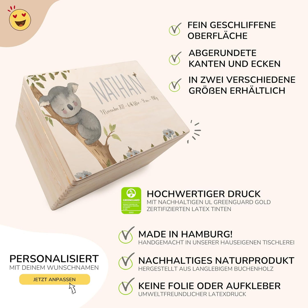 KIDSMOOD - Erinnerungsbox Baby, personalisierte Holzkiste mit Deckel, Ideal zur Aufbewahrung von Eri