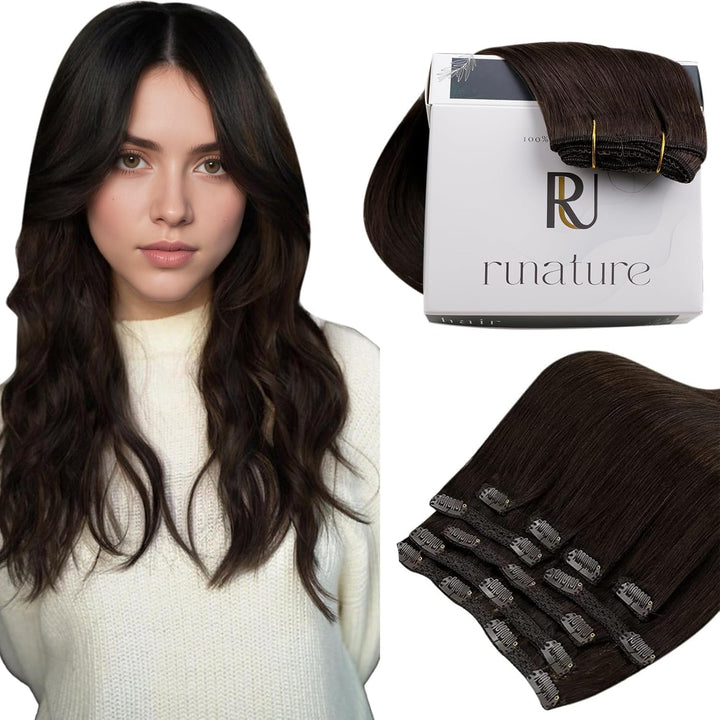 RUNATURE Dunkelbraun Clip Extensions Echthaar Günstig 30cm Clip in Echthaar Extensions 80g 7pcs Remy