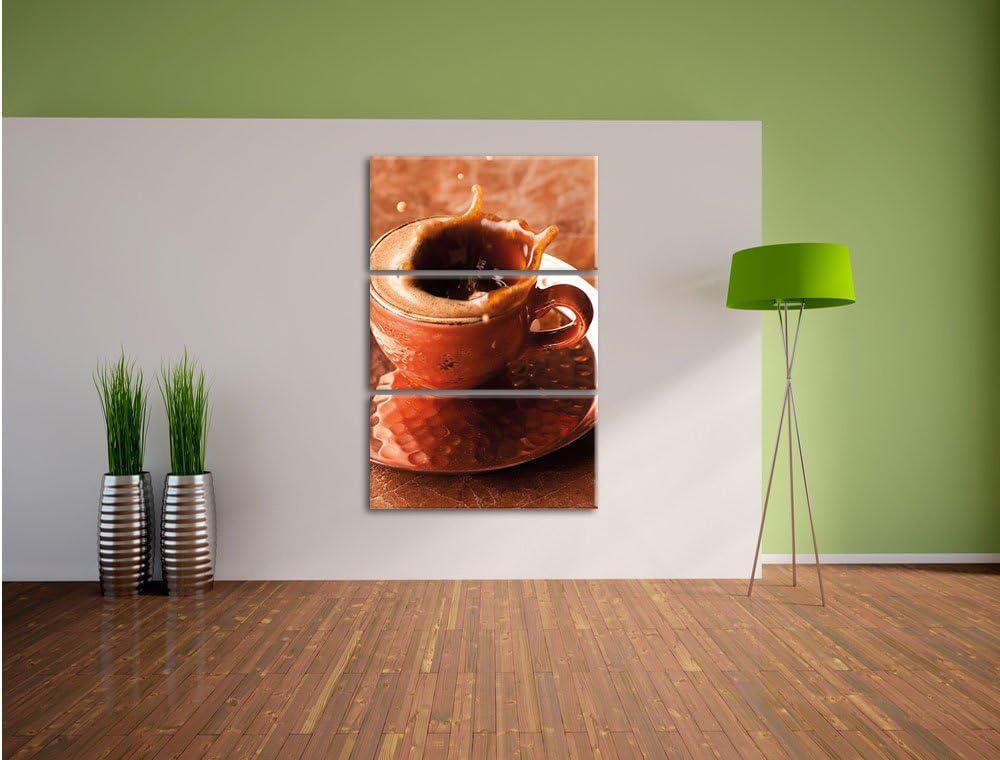 Pixxprint Kaffee spritzt aus Tasse als Leinwandbild/Grösse: 3 Teilig (120x80) cm/Wandbild/Kunstdruck