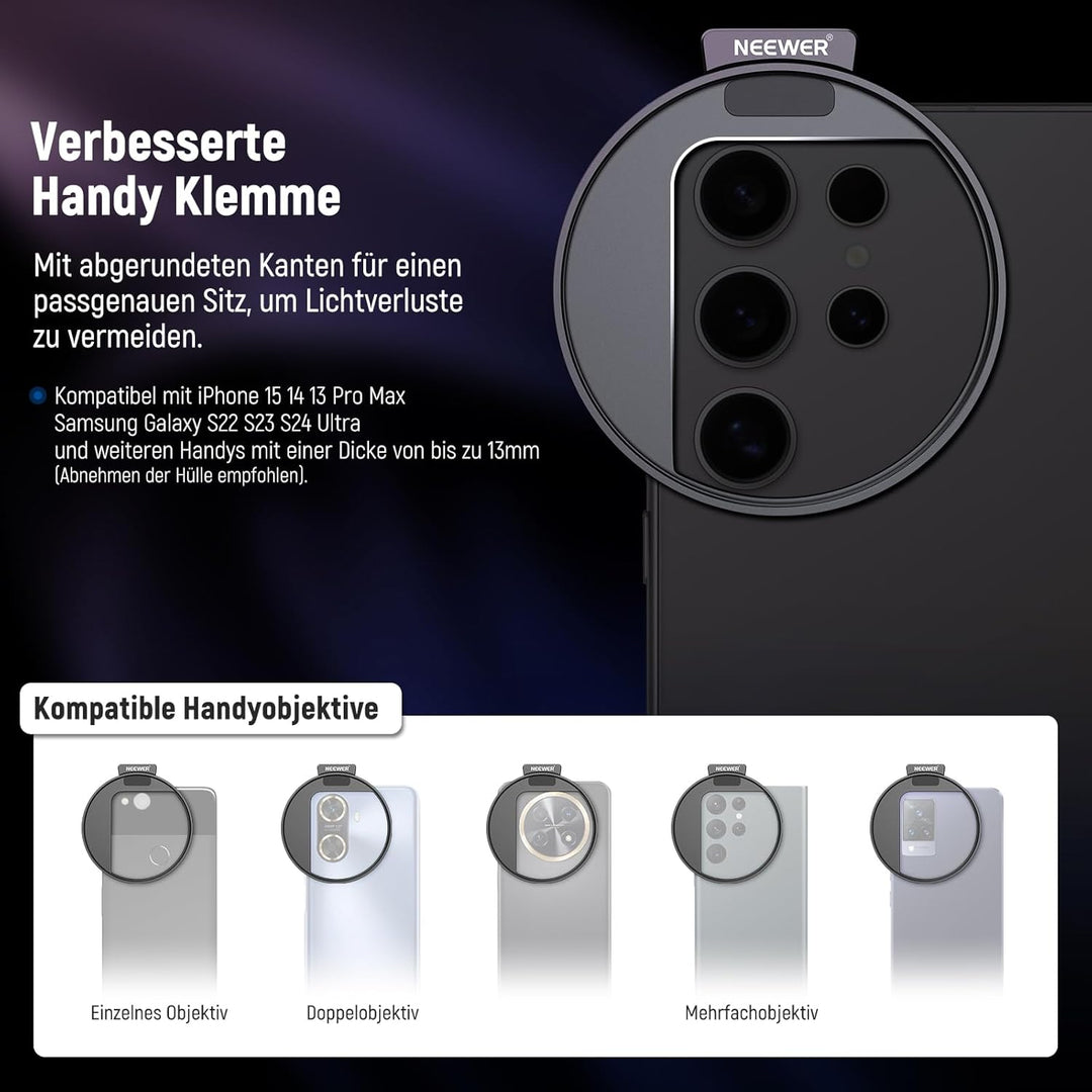 NEEWER 67 mm 1/4 schwarzer Diffusionsfilter & Kaltschuh-Handyclip für Handy, inklusive Tragetasche u