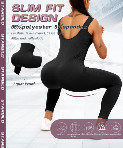 STARBILD Damen Yoga Jumpsuit Ärmellos Rückenfrei Eng Anliegender, Fitness Overall für Gym Workout, K