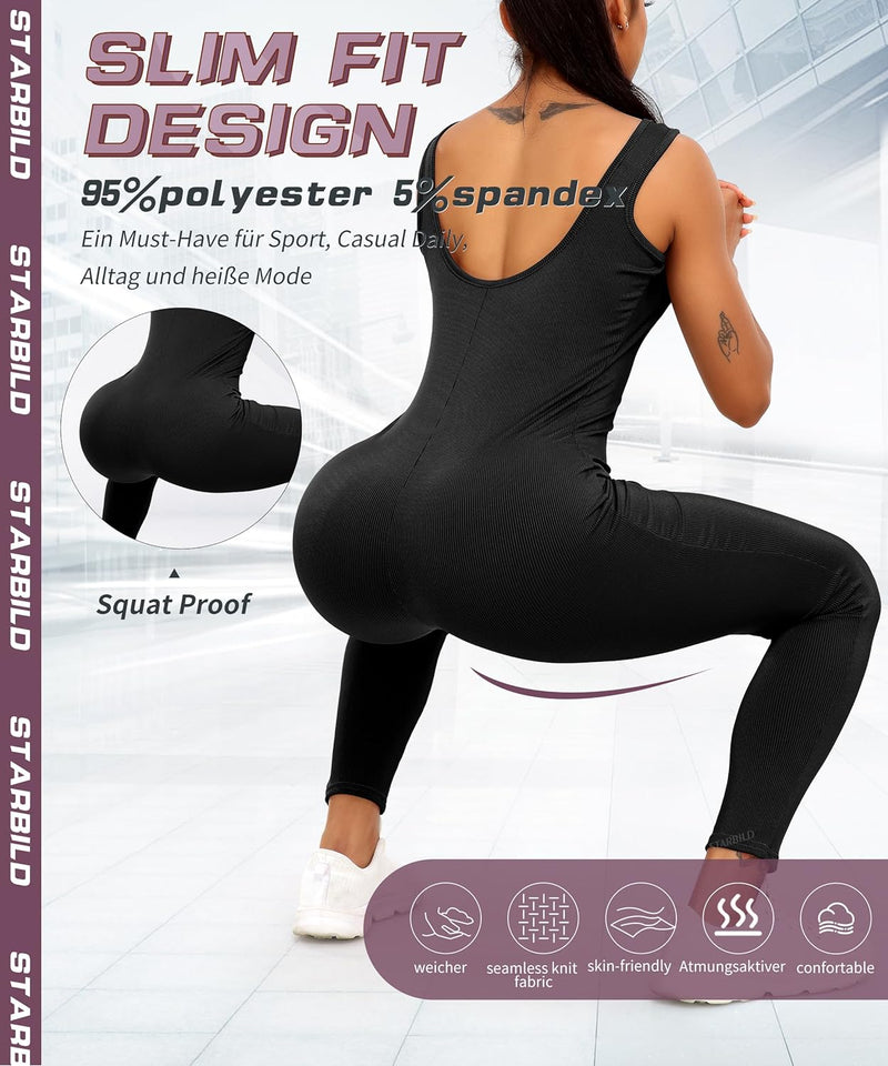 STARBILD Damen Yoga Jumpsuit Ärmellos Rückenfrei Eng Anliegender, Fitness Overall für Gym Workout, K