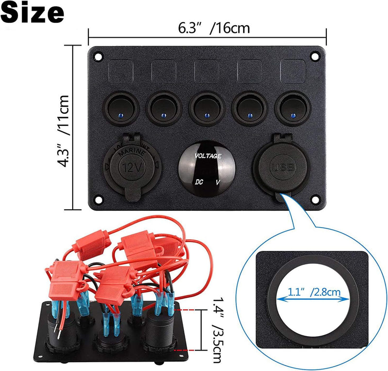 Thlevel 12V/24V Schalter Panel 5 Gang Kippschalter Panel mit 5V 4.2A Dual USB Ladegerät, wasserdicht