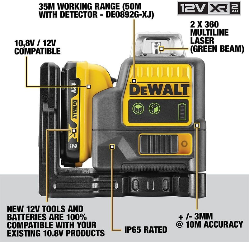 Dewalt 10,8 Volt 2x360° Linienlaser, Grün DCE0811D1G (Selbstnivellierend, horizontal & vertikal, ink