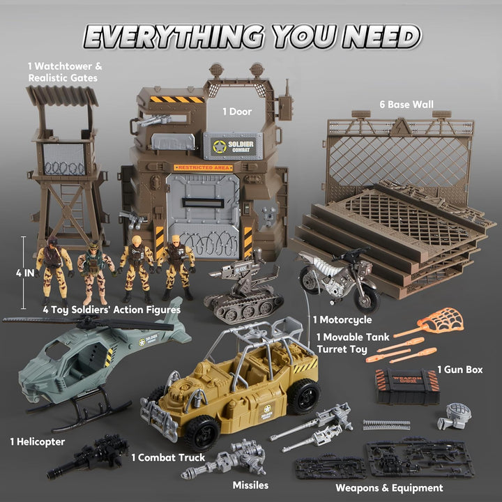 JOYIN Militärstützpunkt Spielzeug Set einschliesslich Militärstützpunkt, Militärfahrzeuge,Actionfigu