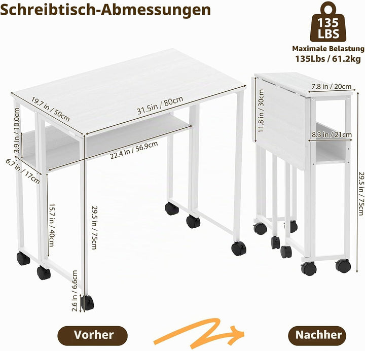 Garvee Klapptisch mit Rollen, 80x50x75 cm (Gesamthöhe), 31.5 Zoll Arbeitsplatz Tisch aus Sperrholz &amp;