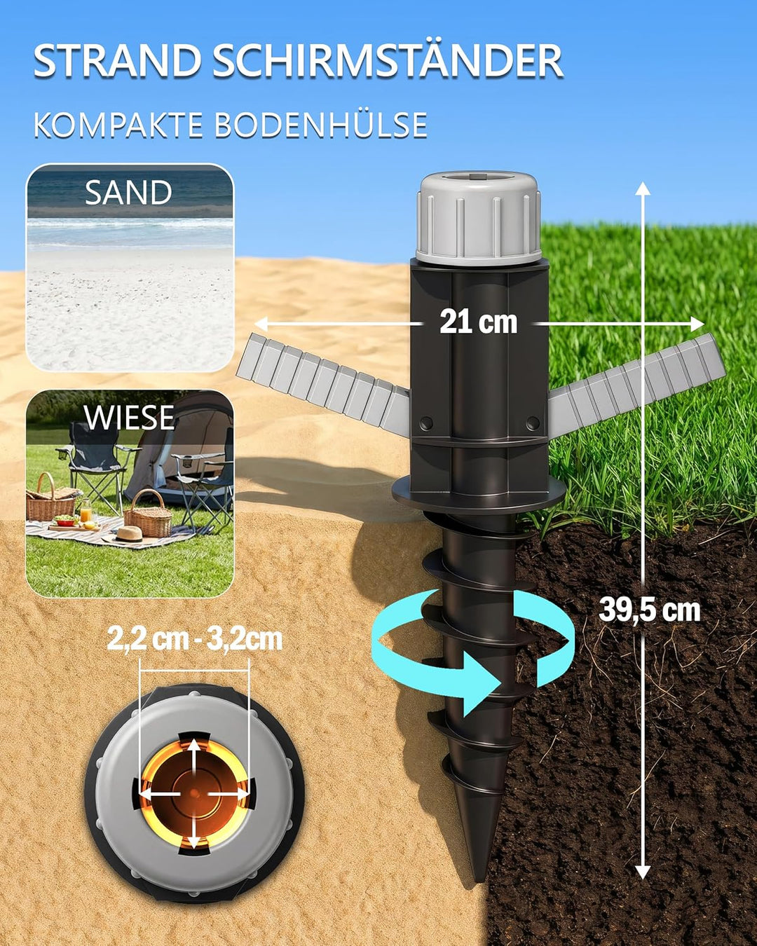 4smile Sonnenschirm Strand Ø 180 cm, 3-in-1 SET mit Bodenhülse, Türkis | UPF 50+ Strandschirm + Sonn