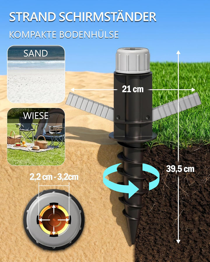 4smile Sonnenschirm Strand Ø 180 cm, 3-in-1 SET mit Bodenhülse, Türkis | UPF 50+ Strandschirm + Sonn
