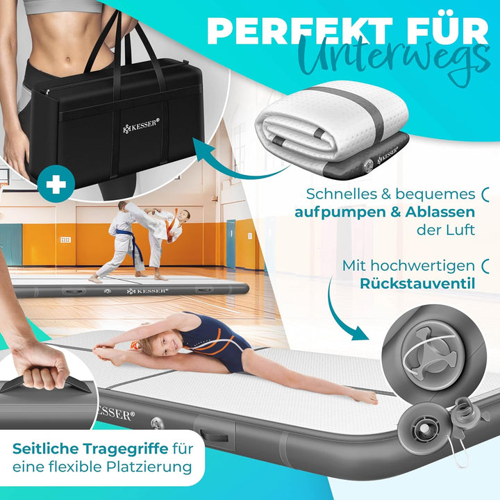 KESSER® Turnmatte Aufblasbar Airtrack Fitness-Matte Gymnastikmatte | inkl. Tragetasche & elektr. Luf