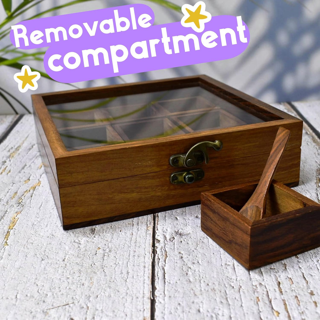 Wooden Spice Box with Glass Lid – 9-Compartment Masala Dabba Organizer with Spoon – Spice Storage Co