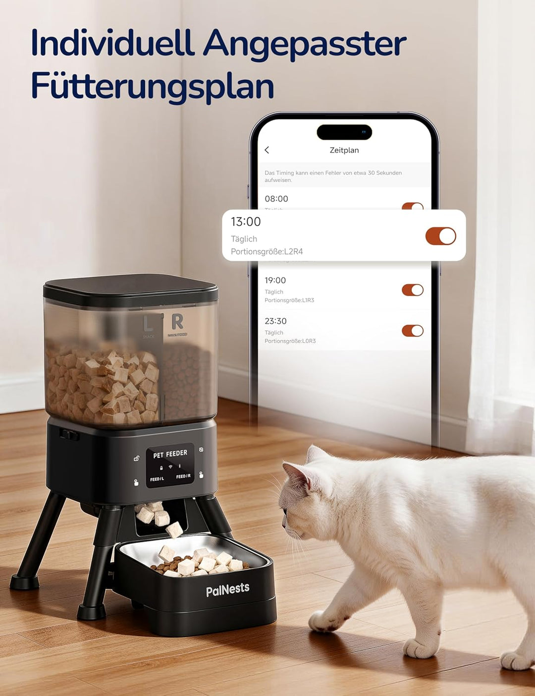 Futterautomat Katze 4L, PalNests Automatischer Futterspender für Katze und Hund mit Edelstahlnapf, D