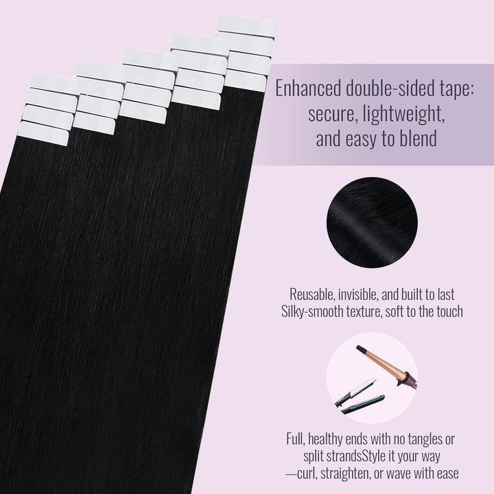 Fshine Extensions Tape in Echthaar 45cm Schwarze Extensions Echthaar Haar 20 Stück Tapes Echthaar Ex
