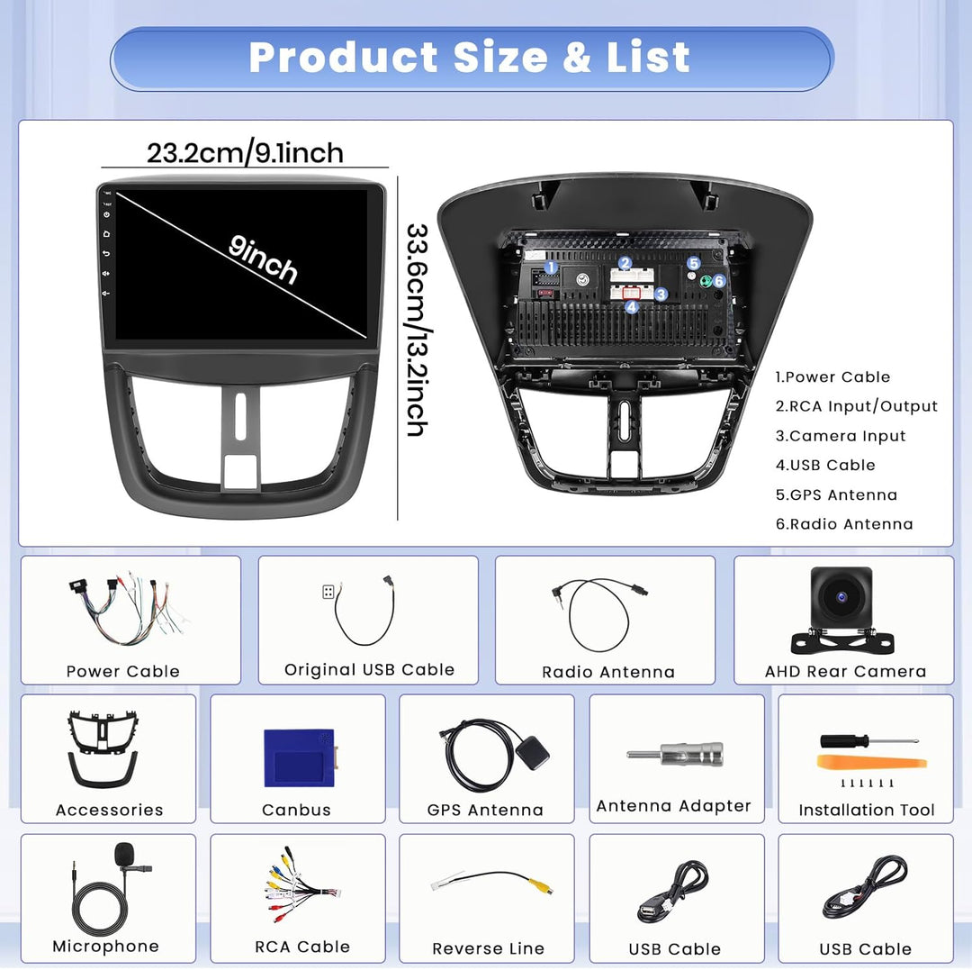 Hikity 8 core 4+64GB Android 15 Autoradio für Peugeot 207 2006-2010 Radio Wireless CarPlay Android A