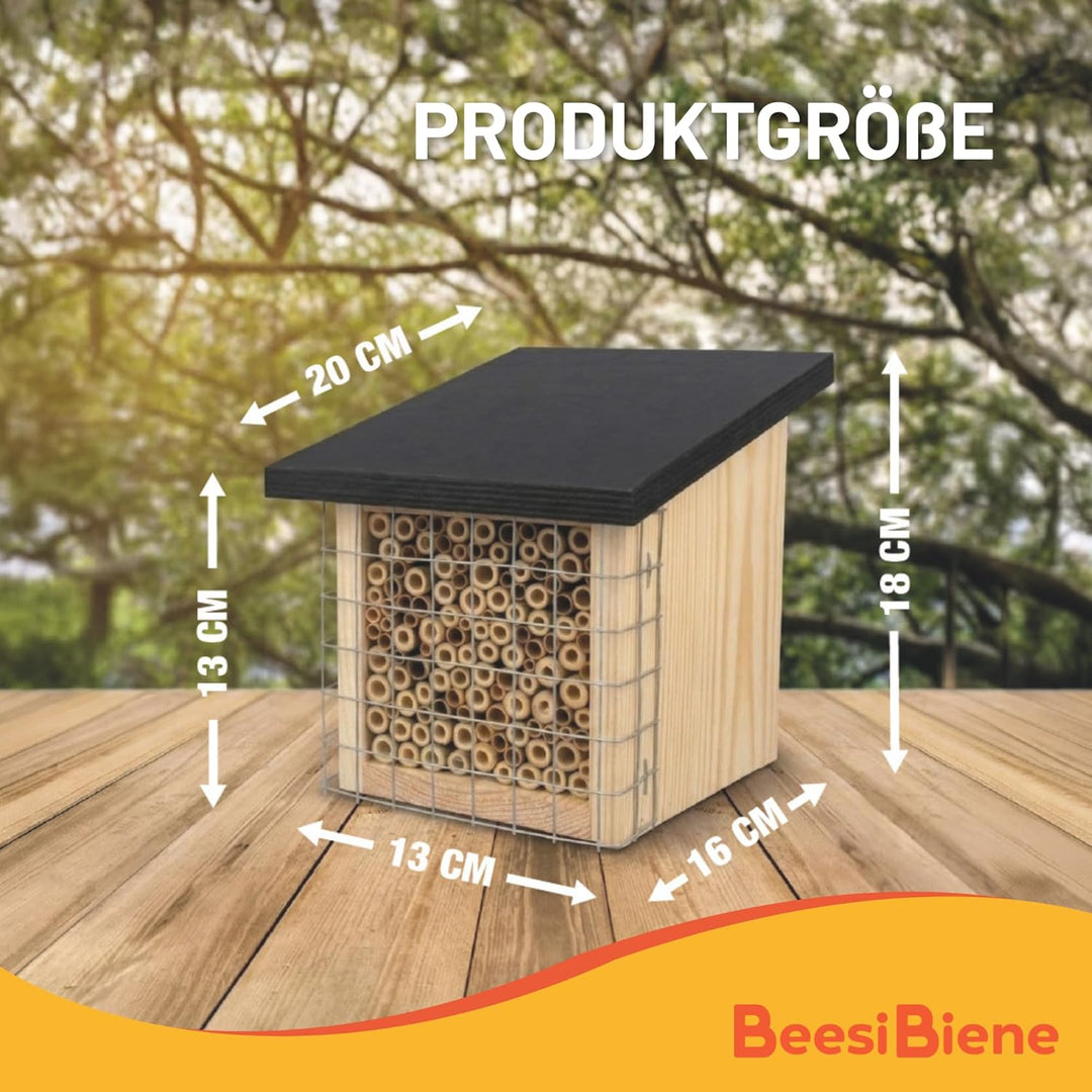 BEESI Insektenhotel mit Vogelschutz-Gitter & Multiplex Dach - Artgerechtes Wildbienenhotel wetterfes