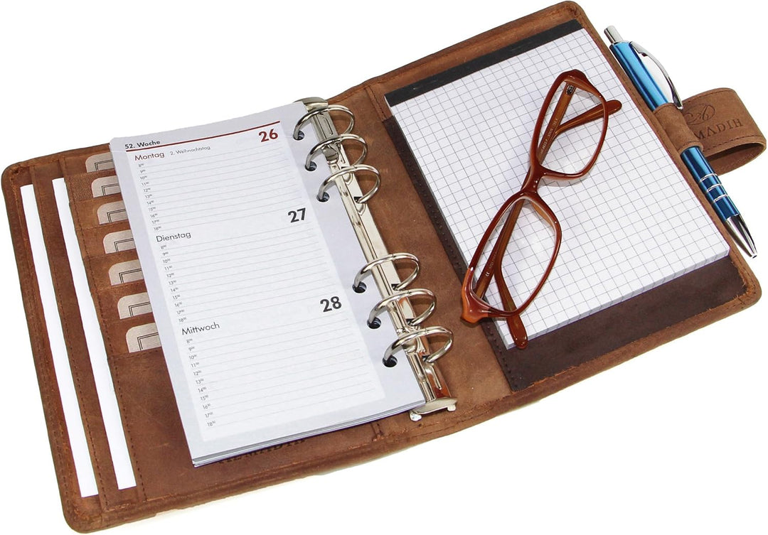 ALMADIH Leder A6 Terminplaner Kalender 2024 Notizblock aus Premium Rindsleder Braun Vintage in Gesch