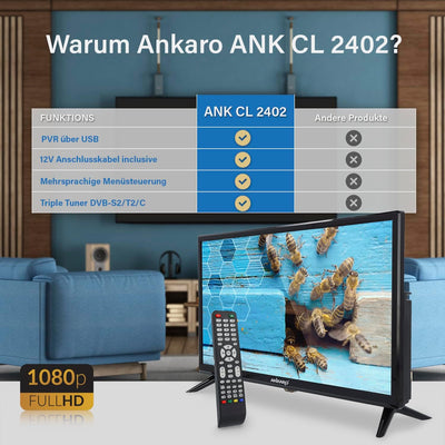 ANKARO ANK CL-2402-24 Zoll LED TV perfekt für Camping - 12V / 230V Betrieb mit Triple Tuner (DVB-S2/