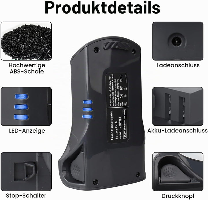 21,6 V 3000 mAh Lithium-Ionen-Ersatzakku kompatibel mit Shark XSBT620, Akku für IZ162H IZ163H IZ362H