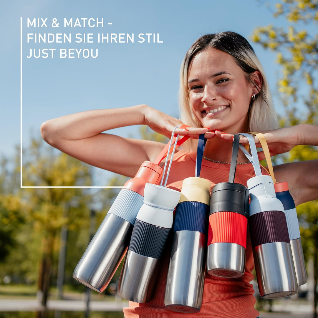 Emsa beYou Twist Isolier-Trinkflasche, 0,5 Liter, mit integriertem Sieb und Trageband, 100% dicht, s