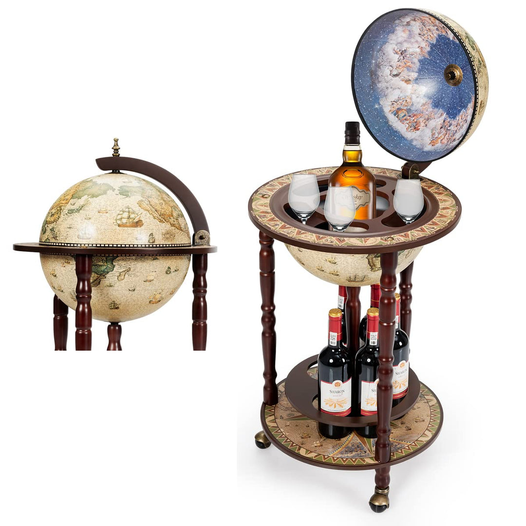 RELAX4LIFE Globusbar mit Rollen, Minibar Massivholz, Weinregal Flaschenregal mit Bodenplatte, Barwag