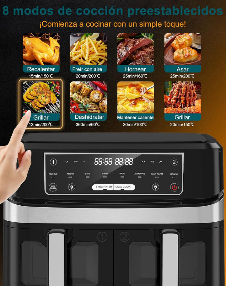 Heissluftfritteuse 2 Kammern mit Sichtfenster, 10L XXL Kapazität Doppel-Airfryer, 8-in-1 Kochvorgabe