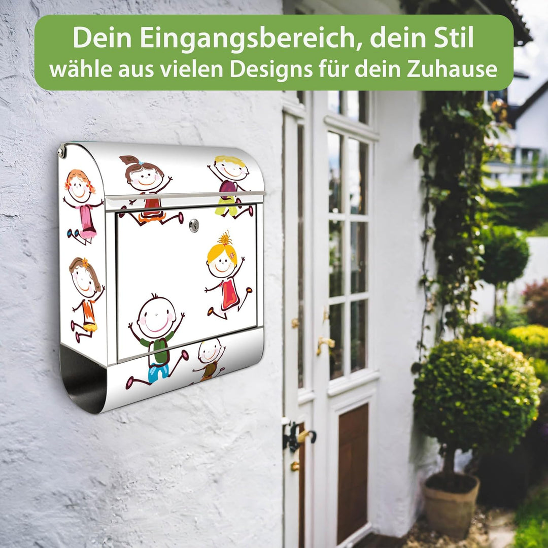 banjado® Briefkasten Edelstahl mit Motiv Happy Kids 38x43x12cm &amp; 2 Schlüssel - rostfreier Edelstahl