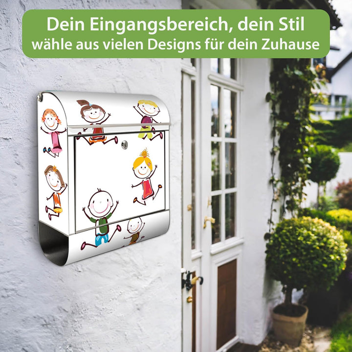 banjado® Briefkasten Edelstahl mit Motiv Happy Kids 38x43x12cm &amp; 2 Schlüssel - rostfreier Edelstahl