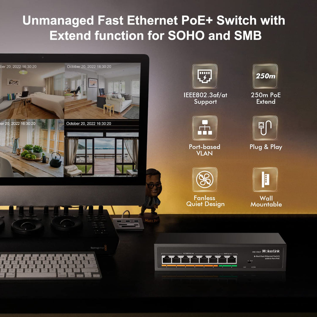 MokerLink 8 Port PoE Switch mit 6 PoE+ Port, 2 Uplink, 100Mbps, IEEE802.3af/at 78W AI Erkennung, Lüf