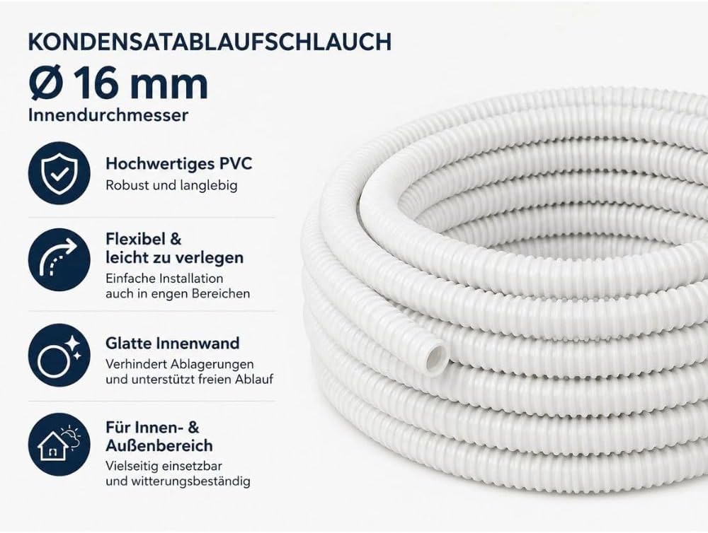 Kondensatschlauch Ø 16 mm für Klimaanlage – Flexibler PVC Ablaufschlauch für Kondenswasser, Split-Kl