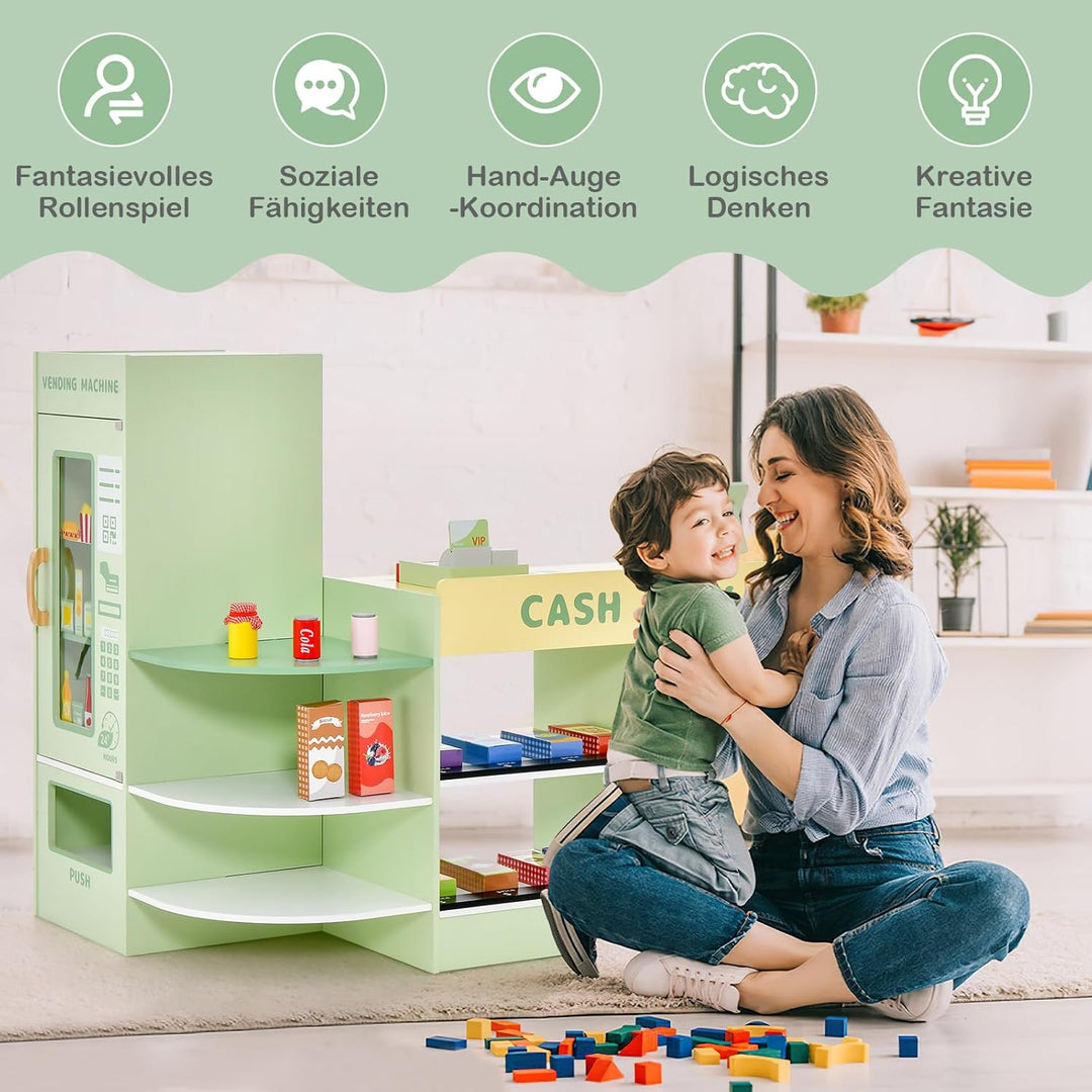 GOPLUS Kinder Kaufladen, Supermarkt aus Holz, Kaufmannsladen mit mit Kasse, POS-Automat & Verkaufsau
