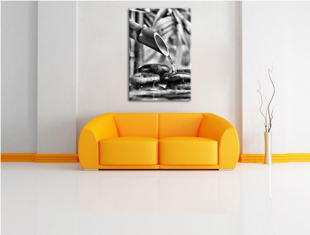 Pixxprint Monocrome, Bambusbrunnen mit Steinen, Format: 100x70 auf Leinwand, 100x70