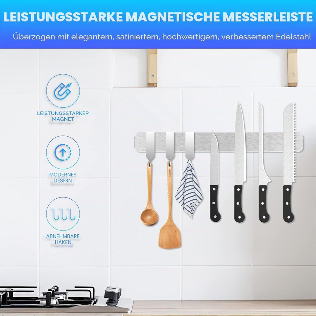 Fohil Messer Magnetleiste 40cm mit 3 Haken, Magnetleiste Edelstahl Messerhalter 16in Magnetisch Selb