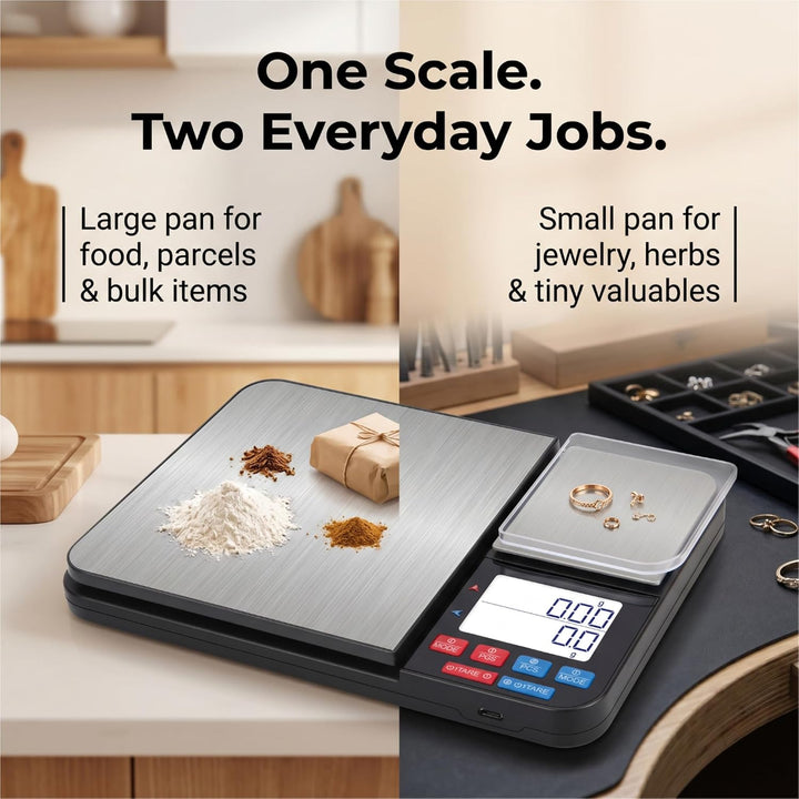 Küchenwaage Digital, Doppelwaage feinwaage 5 kg/1 g und 500 g/0,01 g grammwaage, 7 Masseinheiten, Zä