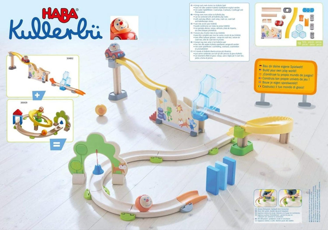 HABA 304802 - Kullerbü – Spielbahn Crashtest, Holzkugelbahn mit Crashrampe, Sprungschanze und Schwun