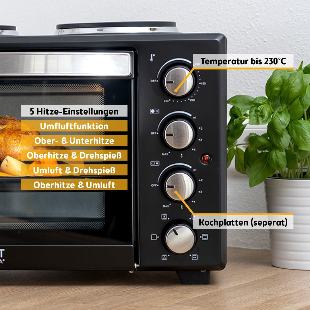 TZS First Austria Minibackofen 30 Liter 3200 Watt Mini-Backofen mit Kochplatten, Krümelblech, Drehsp