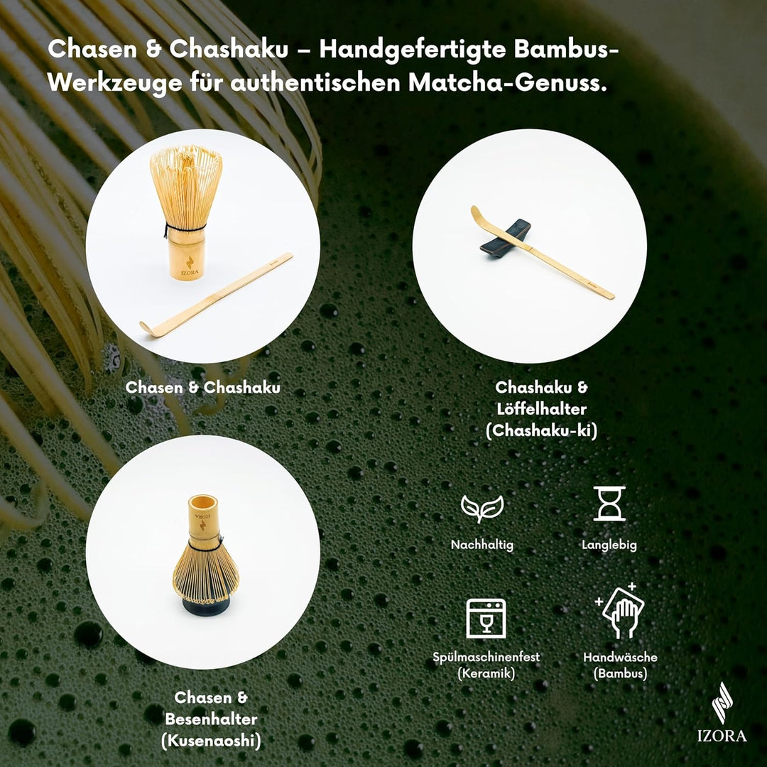 Izora Premium Matcha Set – handgefertigtes Zubehör aus Keramik & Bambus, inkl. Edelstahl-Sieb, Rezep