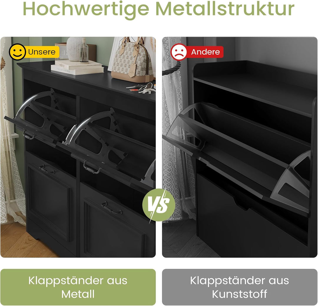 Schuhschrank Schwarz Schuhkipper mit 4 Klappen, Schuhkommode Schuhregal mit Trennwände verstellbar u