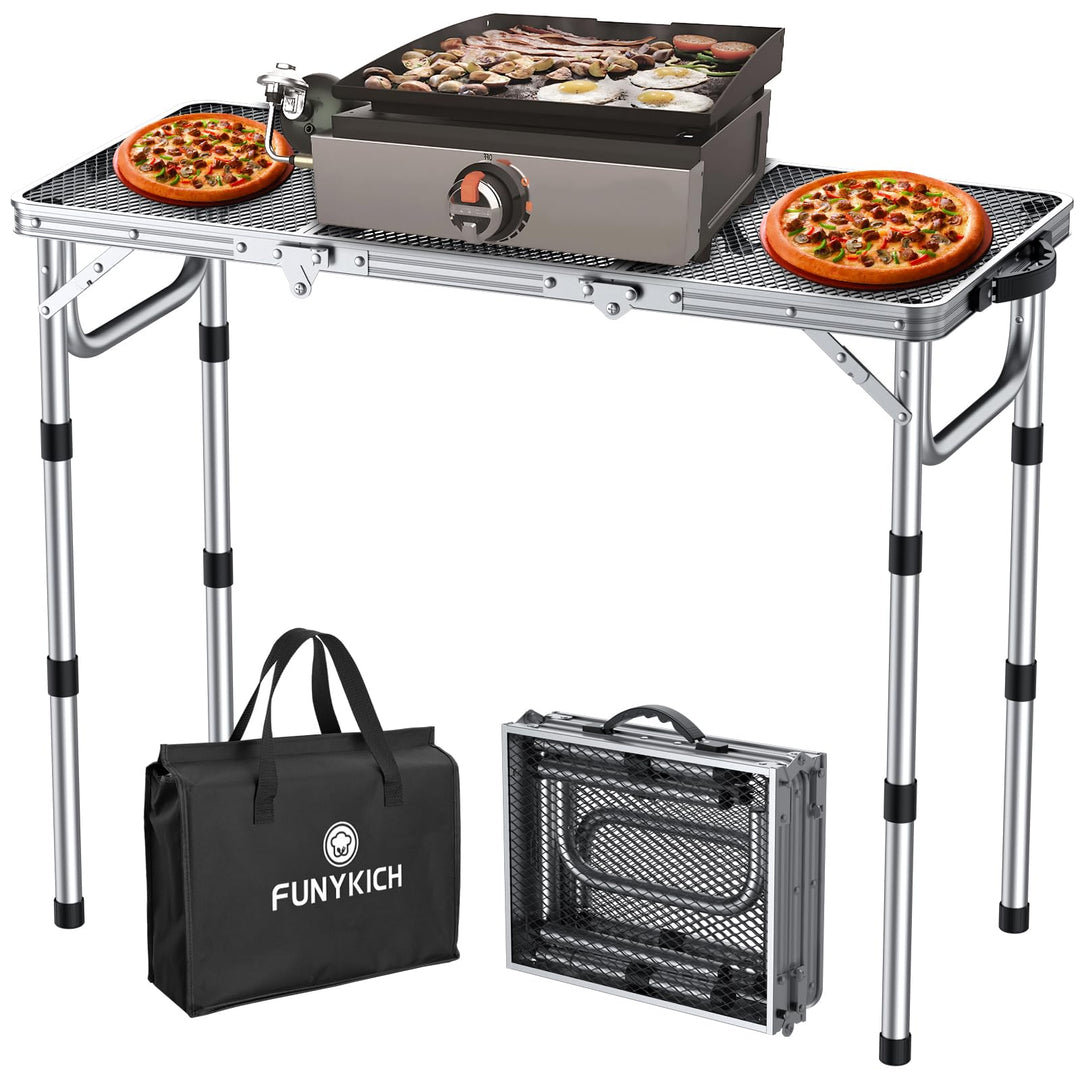 FUNYKICH Tragbarer Grilltisch 87 x 40cm,Campingtisch Klappbar mit 3 Höhen Verstellbarer(26/48/70cm)
