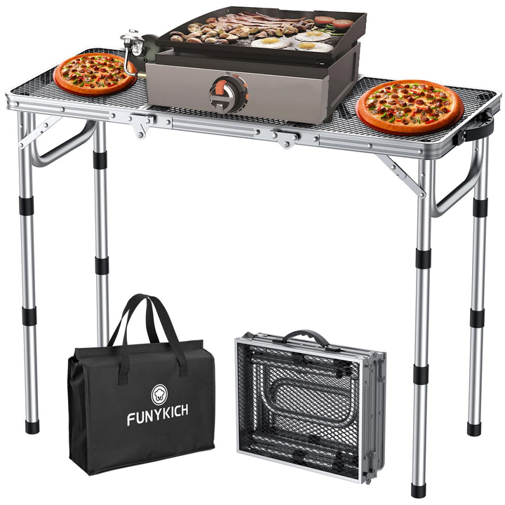 FUNYKICH Tragbarer Grilltisch 87 x 40cm,Campingtisch Klappbar mit 3 Höhen Verstellbarer(26/48/70cm)