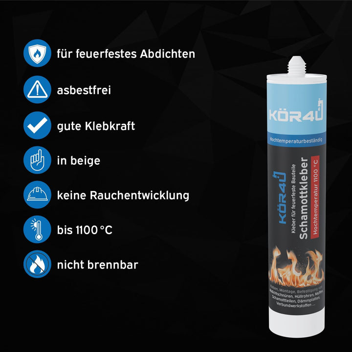kör4u Schamottkleber beige + Fermit Schamottemörtel 1kg, Kleber für feuerfeste Bauteile, perfekt zur