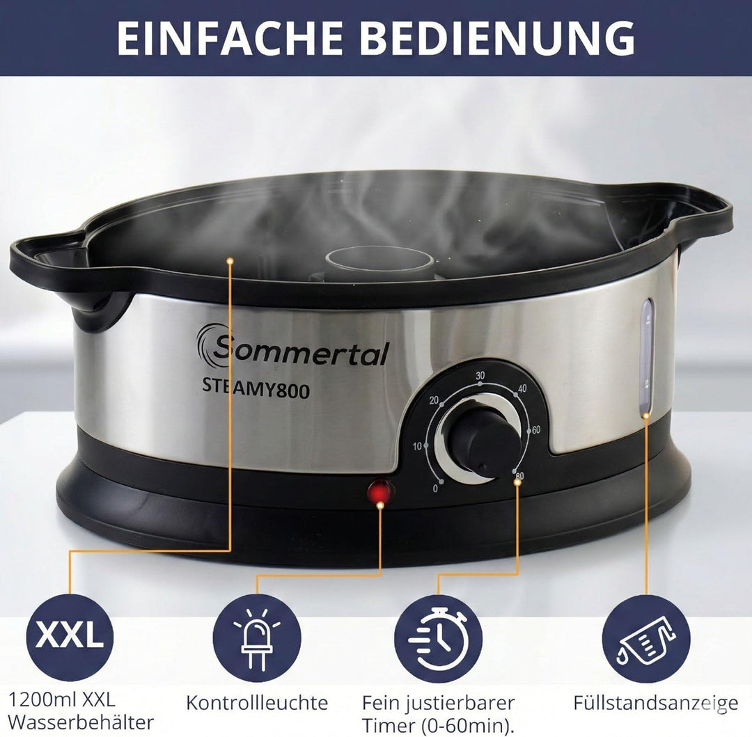 STEAMY 800 Dampfgarer elektrisch,16L XXL Dampftopf, 1200ml Wasserbehälter, 800W, BPA-frei, 3 Dampfga