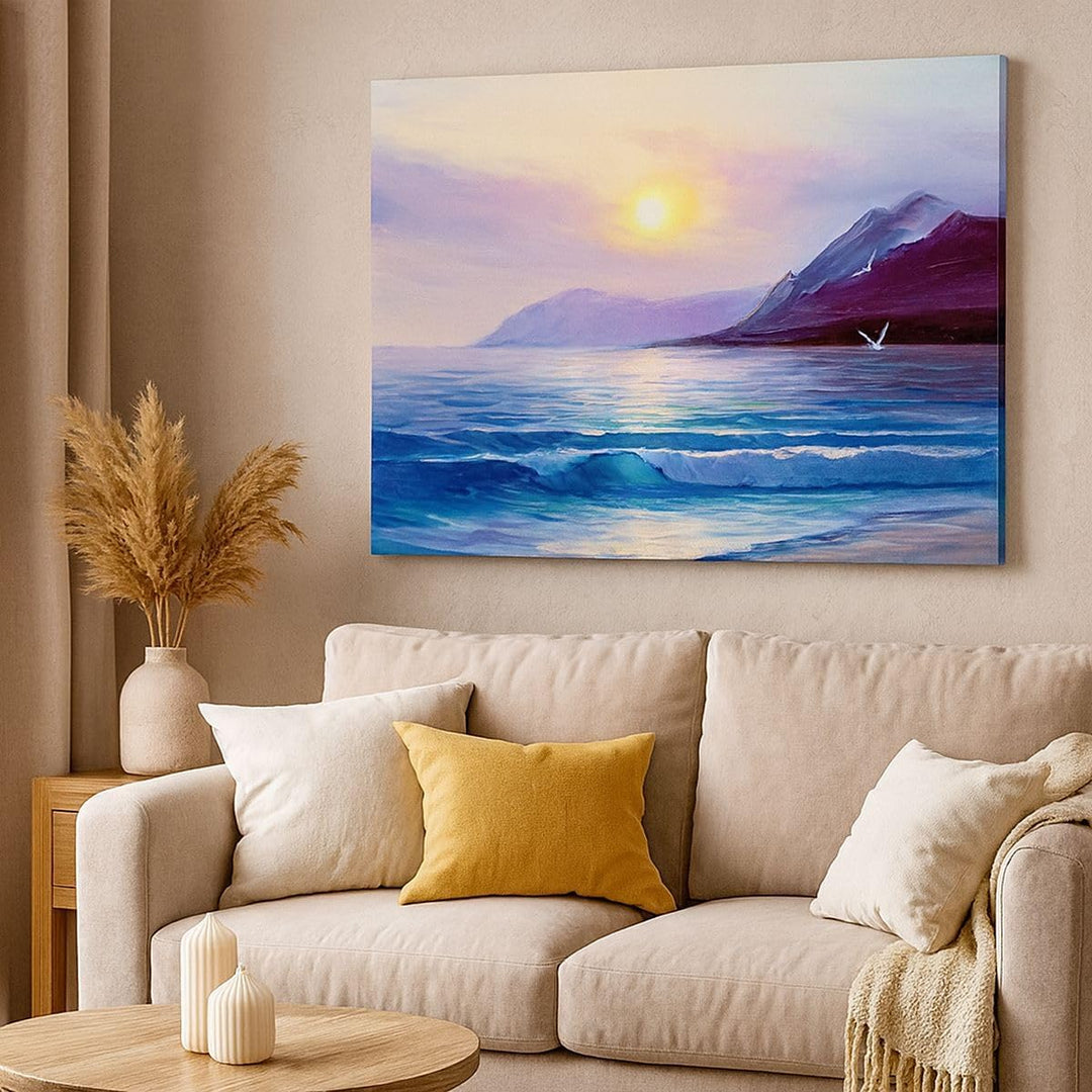 Bilder auf Leinwand Berge Meer Welle Leinwandbild mit Rahmen 70x50cm Wandbilder Dekoration Wohnzimme