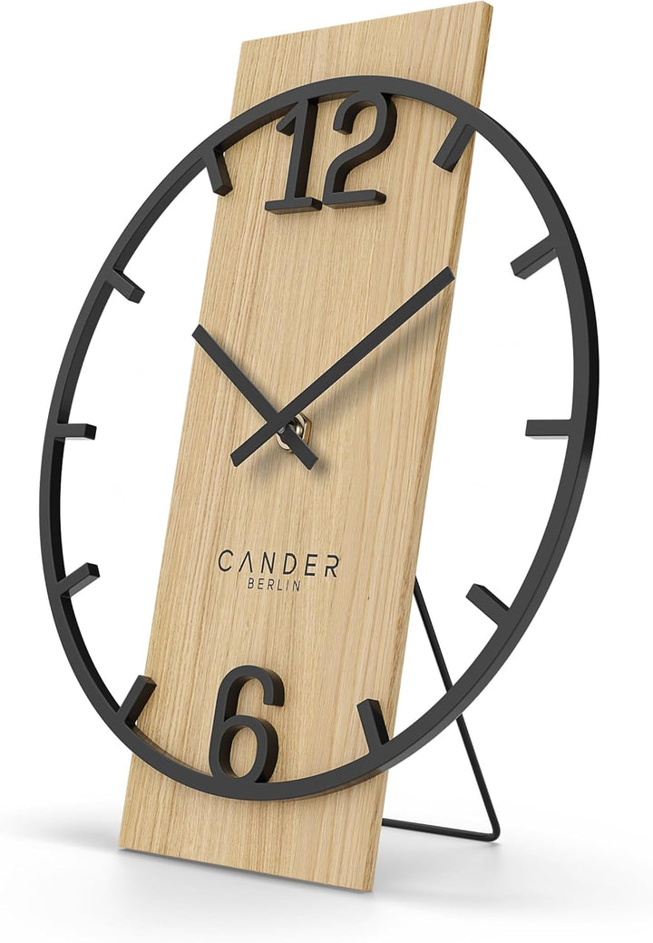 Cander Berlin Melora Tischuhr lautlos 20 cm Metall Holzzeiger ohne Tickgeräusche modern schwarz Wohn