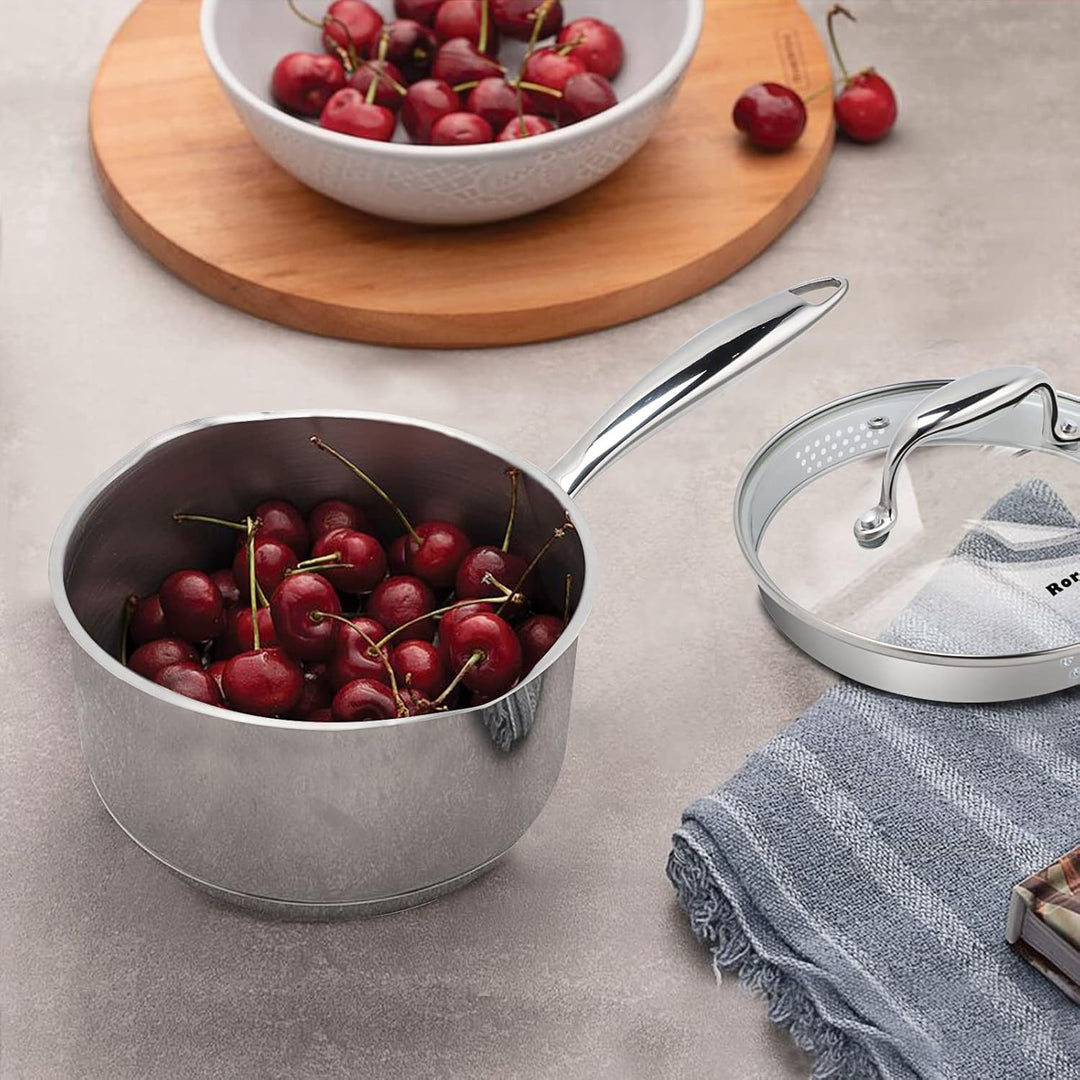 Stielkasserolle 2,4L Edelstahl 18/8, Saucenpfanne Induktionsgeeignet, Kochtopf mit Glasdeckel & Abgi