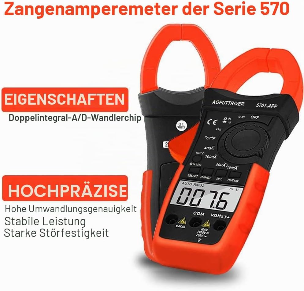 Digital Clamp Meter Stromzange Bluetooth AP-570T-APP 4000 Counts Auto Range AC/DC Spannung, Strom,Wi