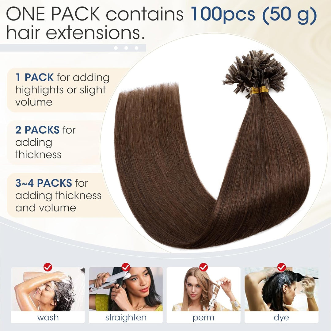Elailite Bondings Extensions Echthaar #4 Mittelbraun, 50g 35cm U Tip Hair Extensions Keratin 100 Str