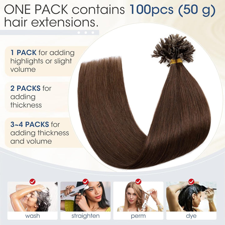 Elailite Bondings Extensions Echthaar #4 Mittelbraun, 50g 35cm U Tip Hair Extensions Keratin 100 Str